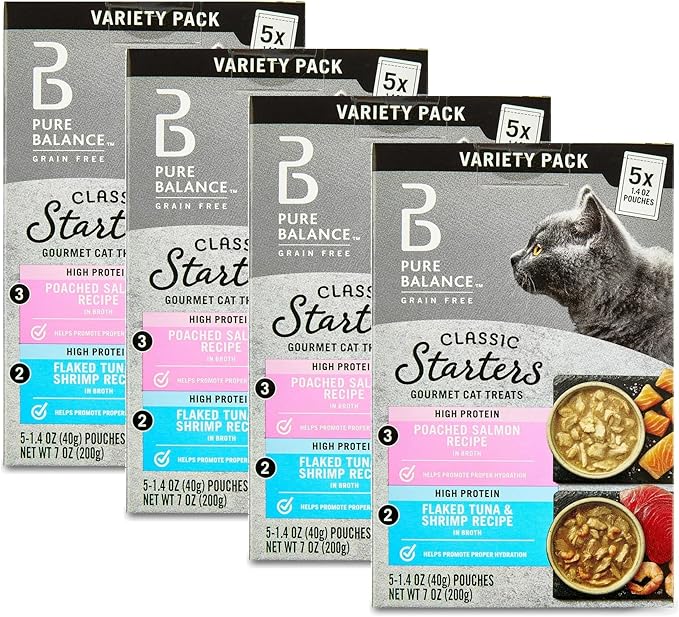 Pure Balance Gourmet Cat Treat Starters, Salmon, Tuna & Shrimp Variety Pack, Wet Cat Treat Topper, High Protein, 5 Count, 1.4 oz Pouches (4-Pack)