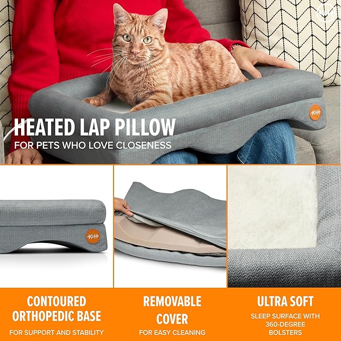 K&H Heated Cat Lap Bed - Indoor Thermo Pet Pillow Orthopedic Bolstered Lap Bed with Removable Waterproof Cat Heating Pad, Indoor Warming Couch Bed, Machine Washable, MET Listed - 23" x 15"