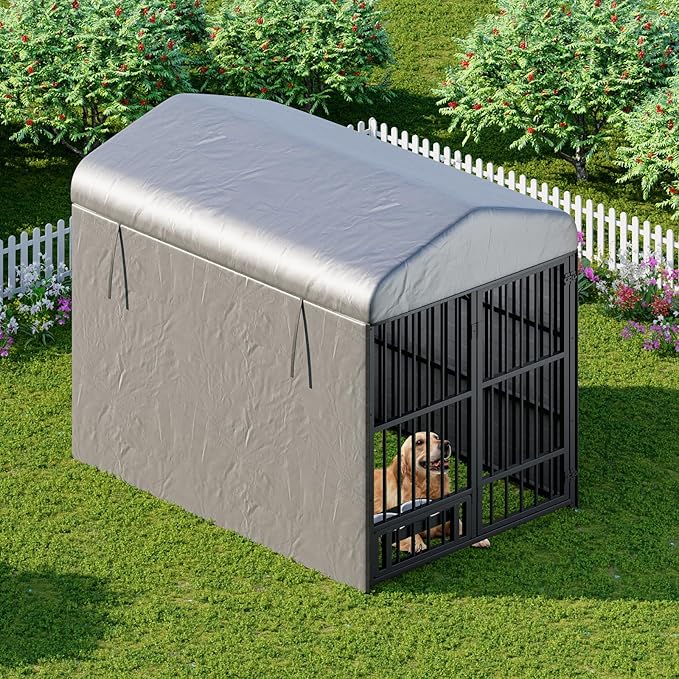 HOOBRO Dog Kennel Outdoor with Cover, 6.6 x 3.9 x 5.9 ft Dog Kennel Outside with Waterproof Roof and Rotating Feeding Bowls, Heavy-Duty Large Cage Enclosure, for Medium & Large Dogs, Black BK212GW03