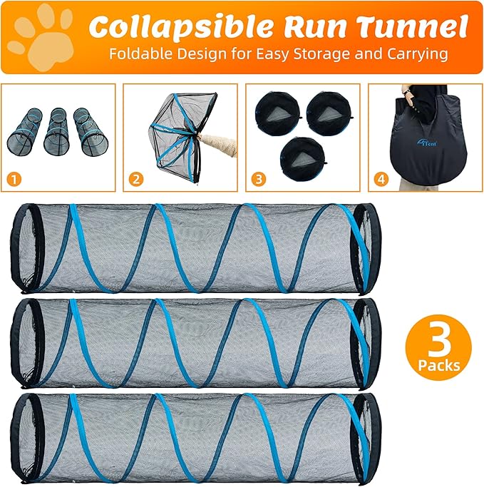 Cat Play Tunnel-for Indoors and Outdoors,Cat Tunnel Outdoor, Kitty Outdoor Enclosure, Cat Enclosures Easy to Connect with Two Zipper Doors,Product Size 59'' x 18'',3pcs /Set,Blue,3 Packs