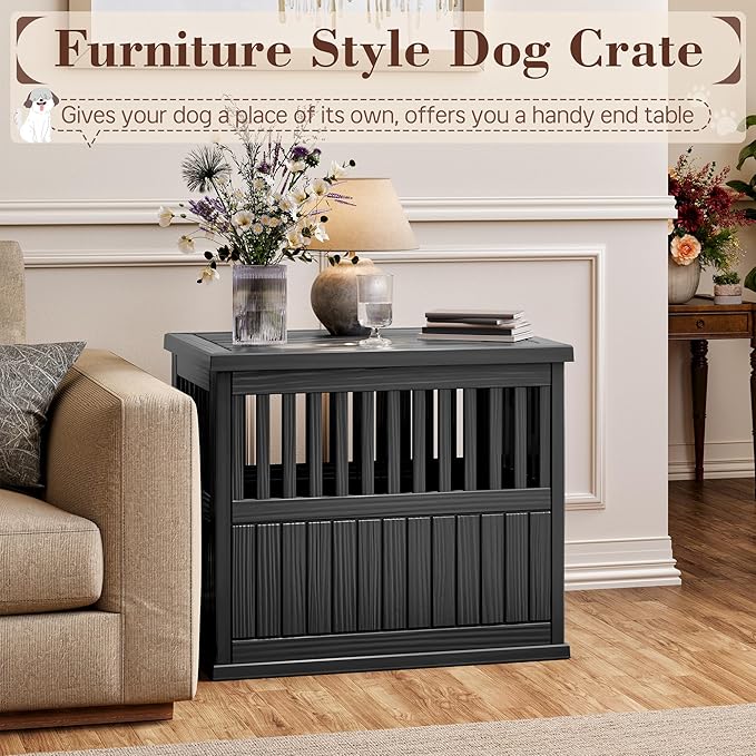 Fancyango Dog Crate Furniture End Table - Decorative Corner Dog House Table for Small to Medium Dogs, Indoor Plastic Dog Crate with Lockable Latch (Black1, 29.5" L x 21" W x 25.2" H)
