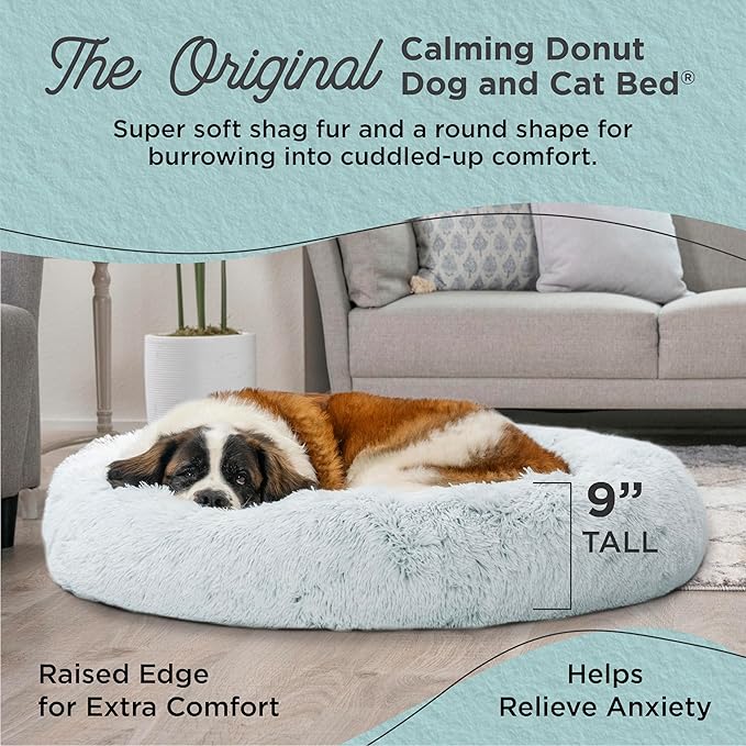 Best Friends by Sheri The Original Calming Donut Dog Bed for Extra-Large Dogs up to 150 lbs, Shag Faux Fur, Frost Gray, 45" x 45"