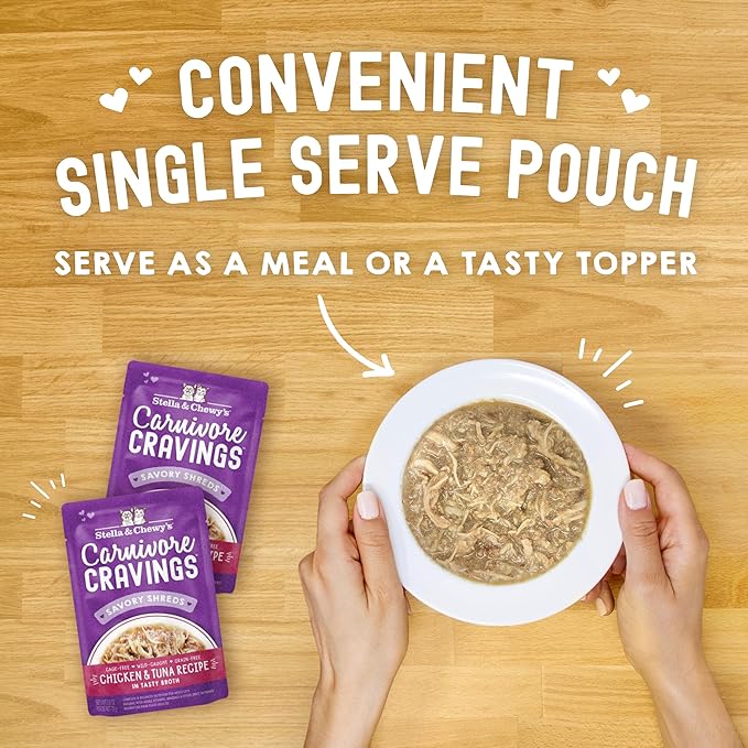 Stella & Chewy's Carnivore Cravings Wet Cat Food - Premium Pouches - Grain Free, High Protein Chicken & Tuna - Perfect for Picky Eaters - Complete Meal or Topper (2.8 oz, 12 Pack)