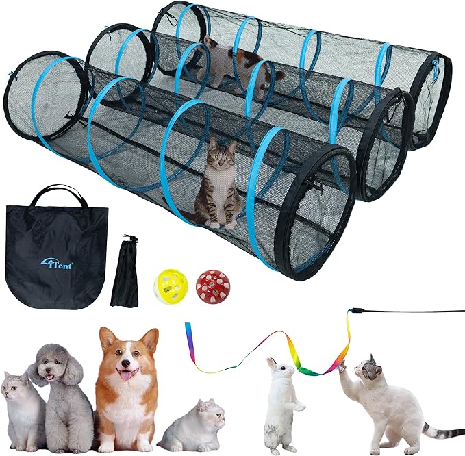 Cat Play Tunnel-for Indoors and Outdoors,Cat Tunnel Outdoor, Kitty Outdoor Enclosure, Cat Enclosures Easy to Connect with Two Zipper Doors,Product Size 59'' x 18'',3pcs /Set,Blue,3 Packs