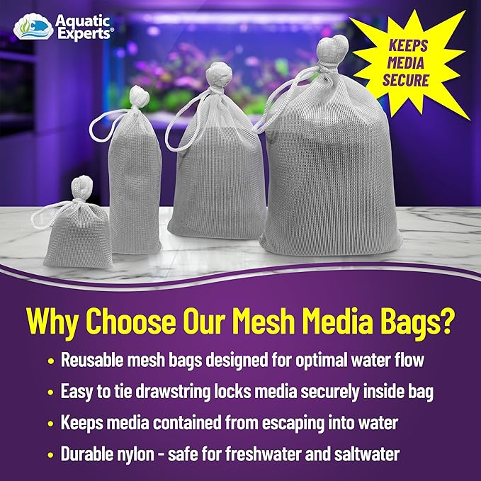 Aquatic Experts Fine Aquarium Media Bag, Durable Drawstring Bags for Fish Tank Filters, 450 Micron Mesh, (Fine, 3"x 8" - 4 Pack)