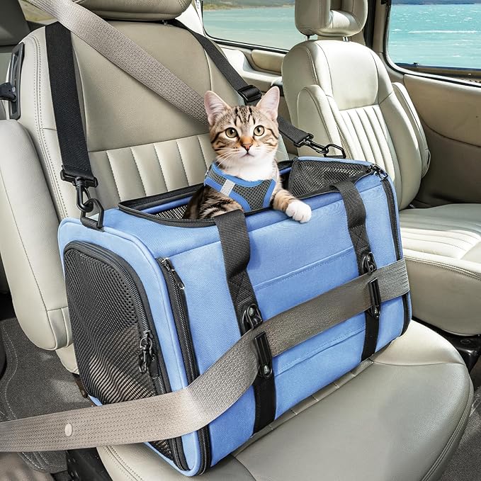 PETSFIT Soft-Sided Cat Carrier with Patented Safety Buckles, Lockable Zippers & Safety Tether,Escape-Resistant Travel Pet Carrier for Car Rides & Vet Visits, Airline Approved Under-Seat, Up to 12 lbs