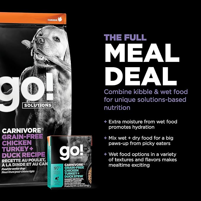 Go! Solutions Carnivore Chicken, Turkey + Duck Grain-Free Dry Senior Dog Food, Our Highest-Protein Kibble Made with Real Meat & Fish, Pumpkin & Probiotics for Good Digestion, 22 lb Bag