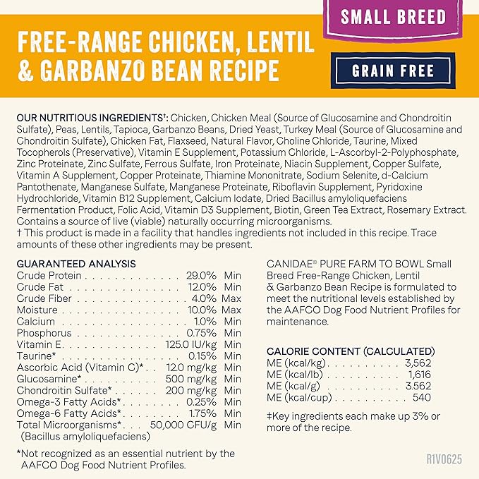 Canidae Pure Farm to Bowl Small Breed, Free-Range Chicken, Lentil & Garbanzo Bean Recipe, 10 lbs.
