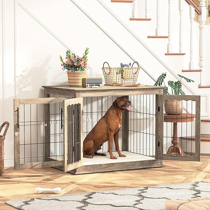 Dog Crate Furniture with Cushion,Dwell Living 32 inch Wooden Kennel Table with Double Doors, Indoor Dog House End Table for Small/Medium Dog, Grey (32x23x26in)