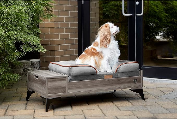 Wooden Dog Bed with Mattress, Small to Medium Elevated, Water Resistant Pet Bed, Wooden Pet Bed with Storage, Greenguard Gold Certified, Machine Washable Cover, Smokey Grey, Wyatt - TailZzz