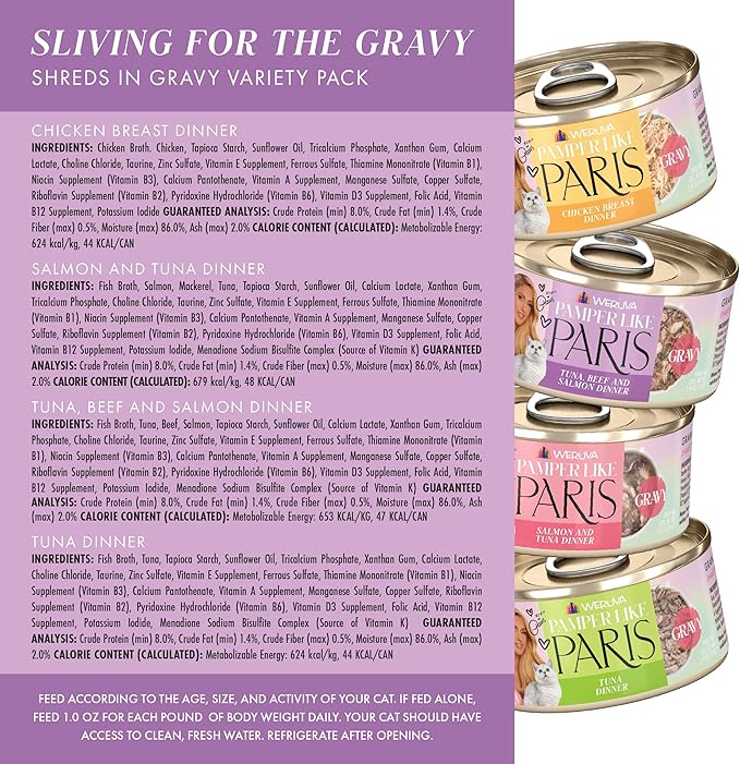 Weruva Paris Hilton Pamper Like Paris Natural Grain Free Wet Cat Food, Sliving for The Gravy Variety Pack, 2.47oz Can (Pack of 12)