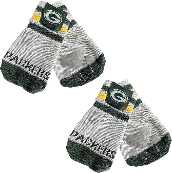 NFL Green Bay Packers Anti Slip Dog Socks with Elastic Ribbed Top, Size Medium/Large. Indoor/Outdoor Socks, Best Dog Paw Protector, 2 Pairs, Cool Puppy Supplies with NFL Logo of Packers Team