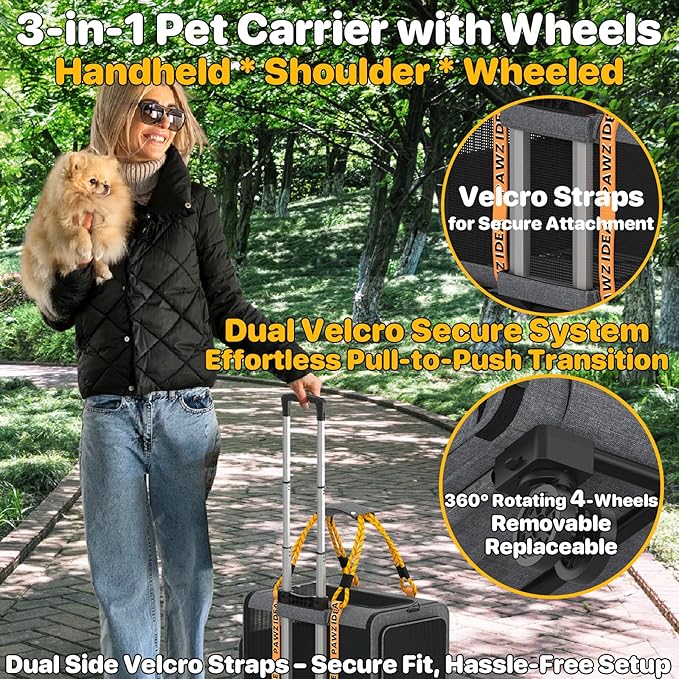PAWZIDEA Expandable Pet Carrier with Wheels, 18"x11"x11" TSA Airline Approved Cat Carrier for 2 Cats Under Seat, Collapsible Soft-Sided Small Dog Rolling Travel Bag with Telescopic Handle, Up to 18lbs
