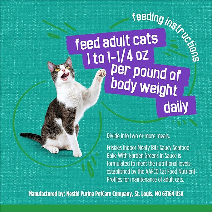 Friskies Purina Indoor Cat Food Meaty Bits Saucy Seafood Bake with Garden Greens in Sauce - 5.5 oz. Cans (Pack of 48)