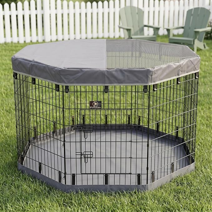 PJYuCien Dog Playpen with Top Cover and Bottom Pad - Metal Foldable Exercise Pen, 8 Panels 42" H x 24" W Indoor Outdoor Pet Fence Puppy Crate Kennel, Gray