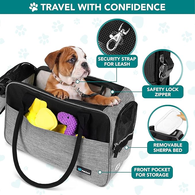 PetAmi Dog Purse Carrier for Small Dogs, Airline Approved Soft Sided Pet Carrier with Pockets, Ventilated Dog Carrying Bag for Puppy Cat, Dog Travel Supplies Bag, Sherpa Bed, Max 12 lbs, Gray