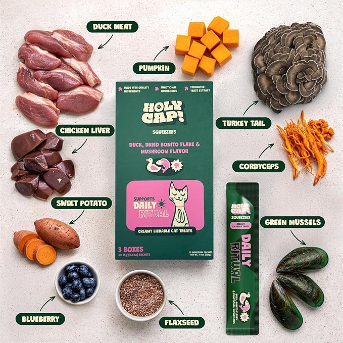 Daily Ritual Grain-Free Lickable Cat Treats, 15 Squeezable Purée Tubes (0.5 oz Each), Duck & Tuna Flavor, Creamy Cat Purée with Clean Ingredients, Hand-Fed Treat or Meal Topper