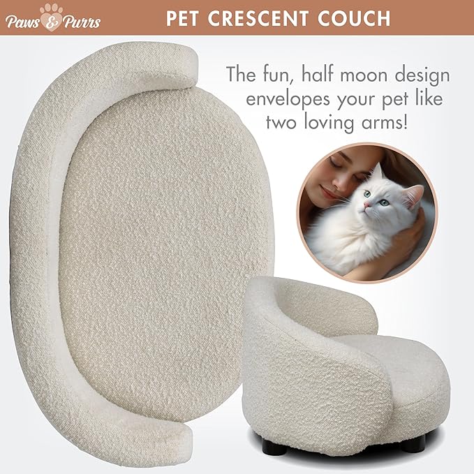 Paws & Purrs Arc Crescent Back Sofa Style Pet Bed, Dog & Cat Modern Couch with Tufted Cushion & Armrest, Stylish Indoor Pet Furniture, Boucle Ivory