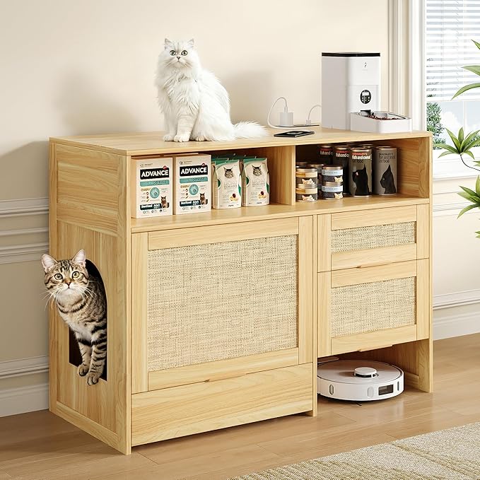 Einhomn Cat Litter Box Furniture 42'' Hidden Enclosure with Litter Drawer, Litterbox Cabinet with Storage, Boho Rattan Style Indoor Cat House Washroom, Fits Most of Litter Boxes