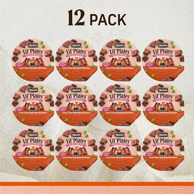 Merrick Lil’ Plates Grain-Free Wet Dog Food for Small Dogs Teeny Texas Steak Tips Recipe with Real Beef, 3.5 oz. Tub