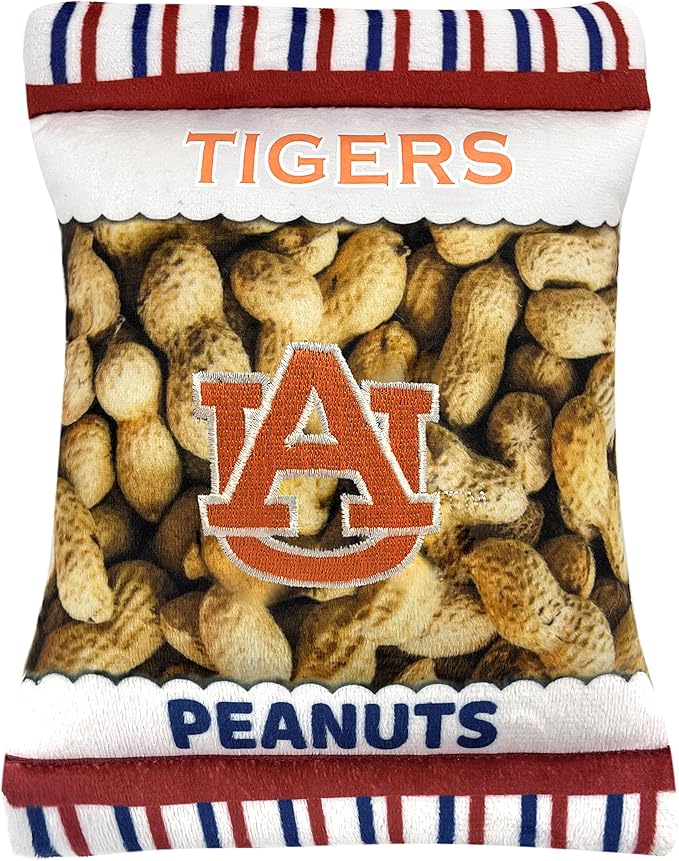 NCAA Auburn Tigers Crinkle FINE Plush Dog & CAT Squeak Toy- Cutest Stadium Peanuts Snack Toy for Dogs & Cats with Inner Squeaker & Beautiful Football/Basketball Team Name/Logo