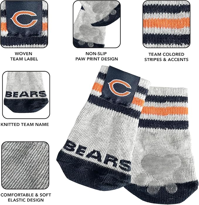 NFL Chicago Bears Anti Slip Dog Socks with Elastic Ribbed Top, Size Medium/Large. Indoor/Outdoor Socks, Best Dog Paw Protector, 2 Pairs, Cool Puppy Supplies with NFL Logo of Bears Football Team
