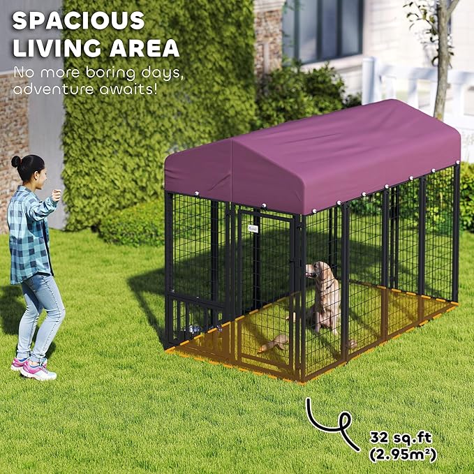 PawHut Outdoor Dog Kennel with Roof, 8' x 4' x 6' Heavy Duty Welded Wire Dog Playpen Enclosure with Escape-Proof Lock, Adjustable Bowls, UV-Resistant & Waterproof Cover, for S&M&L Breeds, Silver
