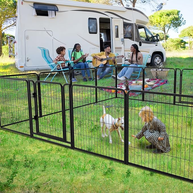 Kfvigoho Dog Playpen Outdoor Extra Wide 12 Piece Panels Heavy Duty Dog Fence 32" Height Anti-Rust with Doors Portable for RV Camping Yard, Total 32FT, 79 Sq.ft, Snowy Black