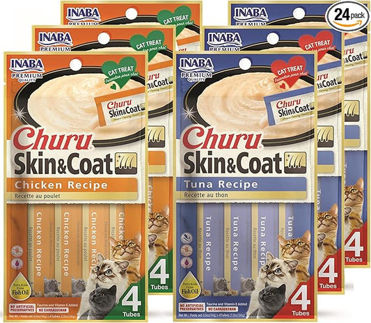 INABA Churu for Skin and Coat Lickable Purée Natural Cat Treats with Omega Oils, Taurine and Green Tea, 0.5 Ounces Each - 2 Flavor Variety Pack (24 Tubes)