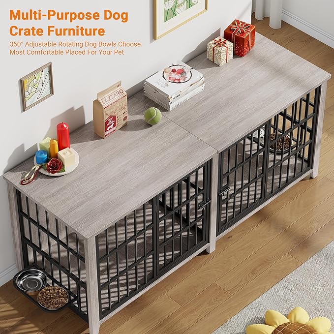 Lulive 78-Inch Extra Large Wooden Dog Crate – Multi-Functional Furniture for Large or Multiple Dogs (Grey)
