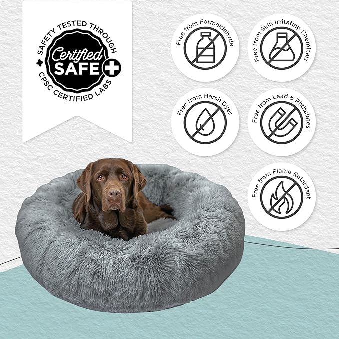 Best Friends by Sheri The Original Calming Donut Dog Bed for Large Dogs up to 100 lbs, Shag Faux Fur, Gray, Large, 36" x 36"
