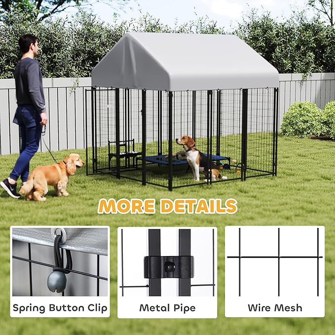 PawHut Outdoor Dog Kennel with Roof, 6' x 6' x 6' Heavy Duty Welded Wire Dog Playpen Enclosure with Escape-Proof Lock, UV-Resistant & Waterproof Cover, for Large Dogs, Chickens, Ducks, Silver