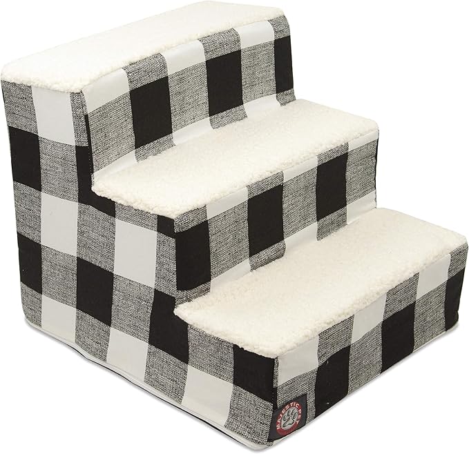 Majestic Pet 3 Step Portable Dog Stairs for Small Dogs to get on Bed Supports 25 lbs or Less – Dog Steps for High Bed with Machine Washable Cover – Pet Stairs for Cats Anderson Check Charcoal Black