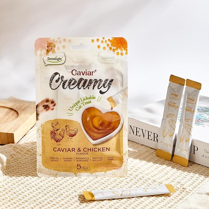 Caviar Chicken Creamy, Handheld Lickable Wet Cat Treat, Prebiotics and Fish Oil Added, Grain Free, 5pcs(50g, Chicken)