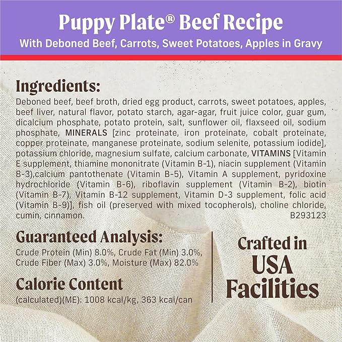 Merrick Puppy Plate Grain Free Wet Puppy Food with Real Deboned Beef, Carrots, Sweet Potatoes and Apples in Gravy, 12.7 oz. Can