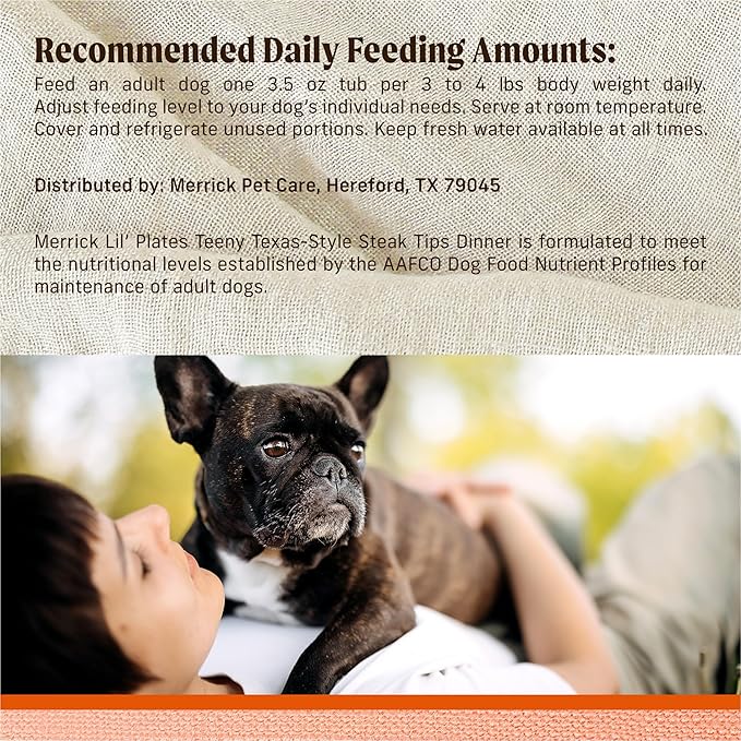 Merrick Lil’ Plates Grain-Free Wet Dog Food for Small Dogs Teeny Texas Steak Tips Recipe with Real Beef, 3.5 oz. Tub