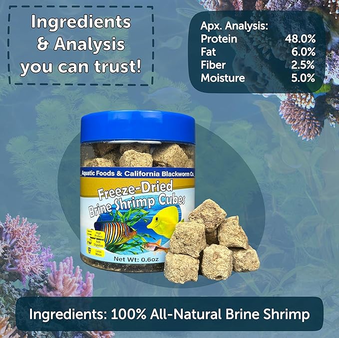 Brine Shrimp, Freeze Dried Floating Brine Cubes for Cichlids, Discus, Tetras, Goldfish, Bettas, Angel Fish, Marines, All Tropicals, Aquatic Turtles 2.45oz Canister