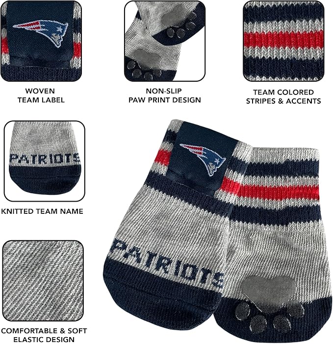 NFL NEW England Patriots Anti Slip Dog Socks with Elastic Ribbed Top, Size Medium/Large. Indoor/Outdoor Socks, Best Dog Paw Protector, 2 Pairs, Cool Puppy Supplies with NFL Logo of Patriots Team