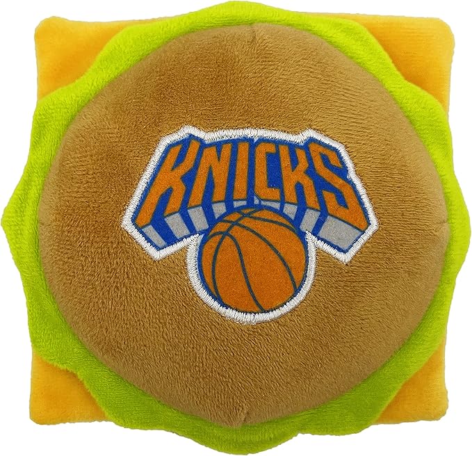 Pets First NBA New York Knicks Cheese Burger Plush Dog & CAT Squeak Toy - Cutest Stadium HAMBERGER Snack Plush Toy for Dogs & Cats with Inner Squeaker & Beautiful Basketball Team Name/Logo, Team Color