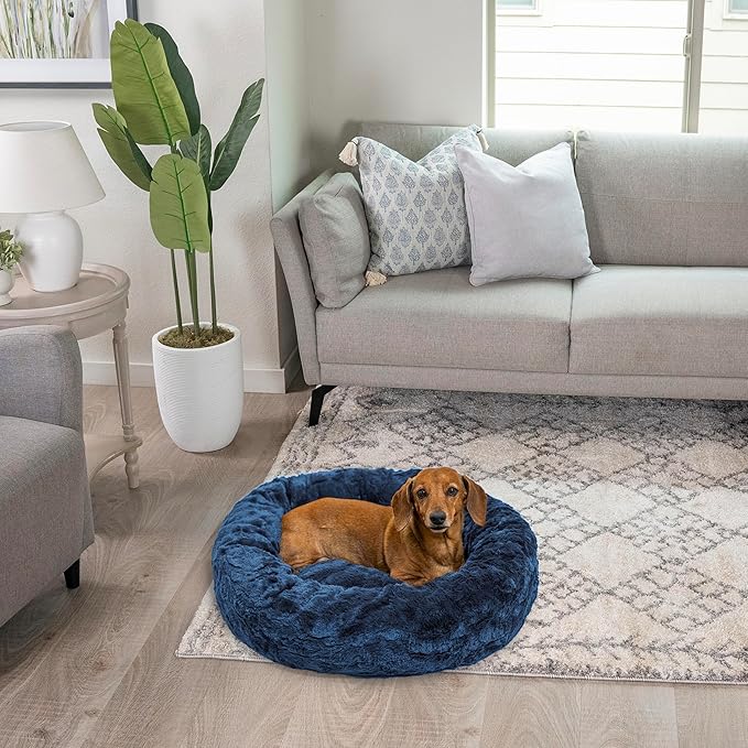 Best Friends by Sheri The Original Calming Donut Dog Bed for Small Dogs up to 25 lbs, Lux Faux Fur, Navy Blue, 23" x 23"