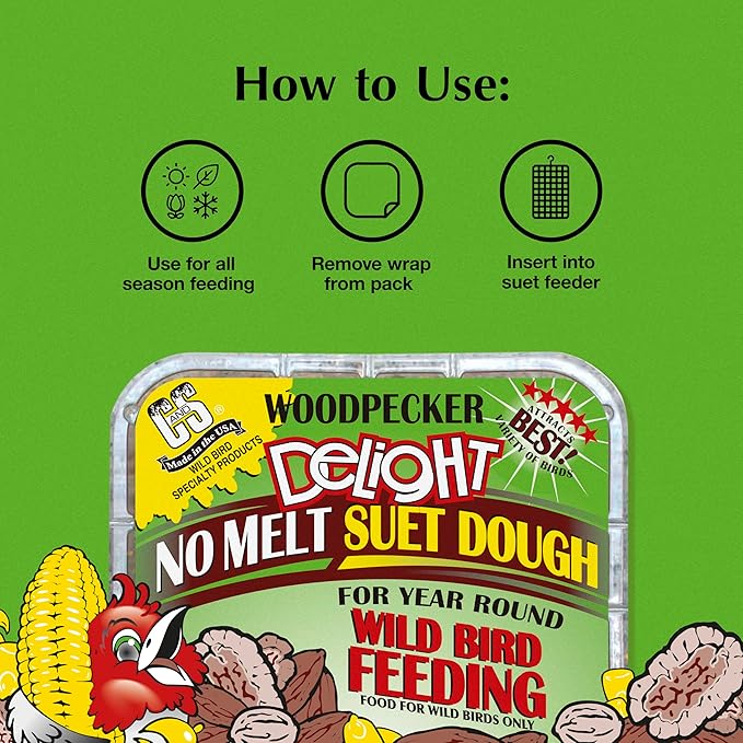C&S Woodpecker Delight No Melt Suet Dough, Suet Cakes for Wild Birds Including Woodpeckers, Flickers and More, 11.75 Ounces, Pack of 8