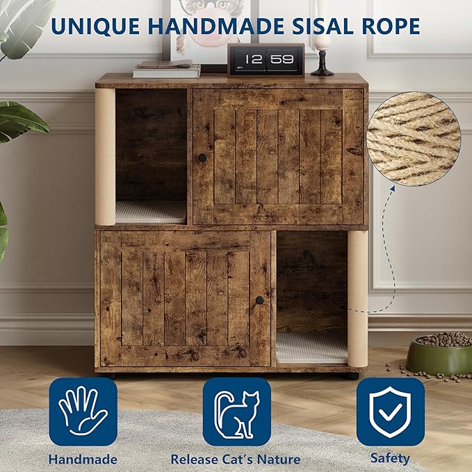 Double Litter Box Enclosure for 2 Cats, 2 Tier Litter Box Enclosure Furniture with Scratching Post and Dual Mats,Wood Cat Kitty House Cabinet,Modern Style