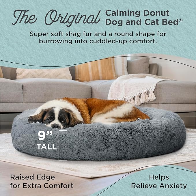 Best Friends by Sheri The Original Calming Donut Dog Bed for Extra-Large Dogs up to 150 lbs, Shag Faux Fur, Gray, 45" x 45"