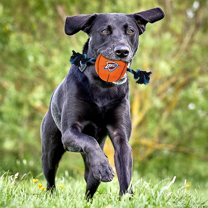 Pets First NBA Oklahoma City Thunder Basketball Toy. - Tough Nylon Pet Toy with Tug Ropes & Inner Squeaker, one Size