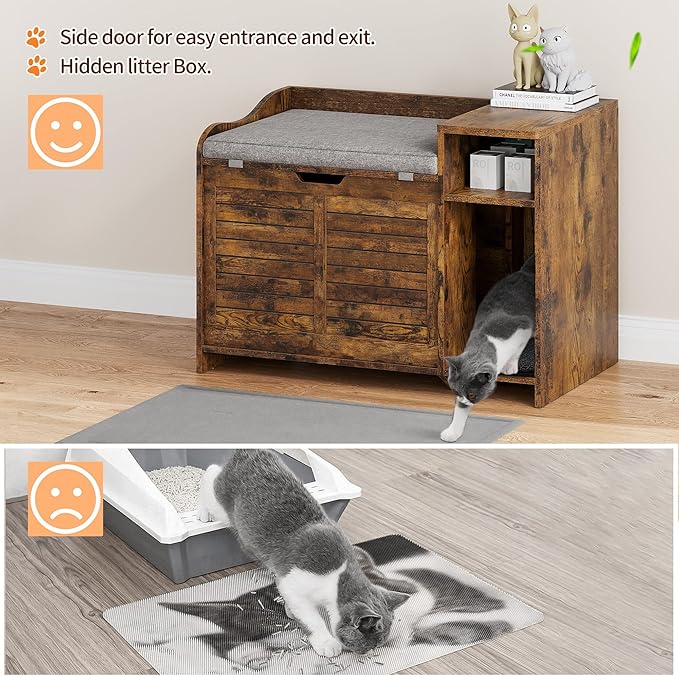 Wooden Cat Litter Box Enclosures with Storage Shelf - Hidden Litter Box Furniture for Cat with Cushion & Mat - Litter Box Cabinet