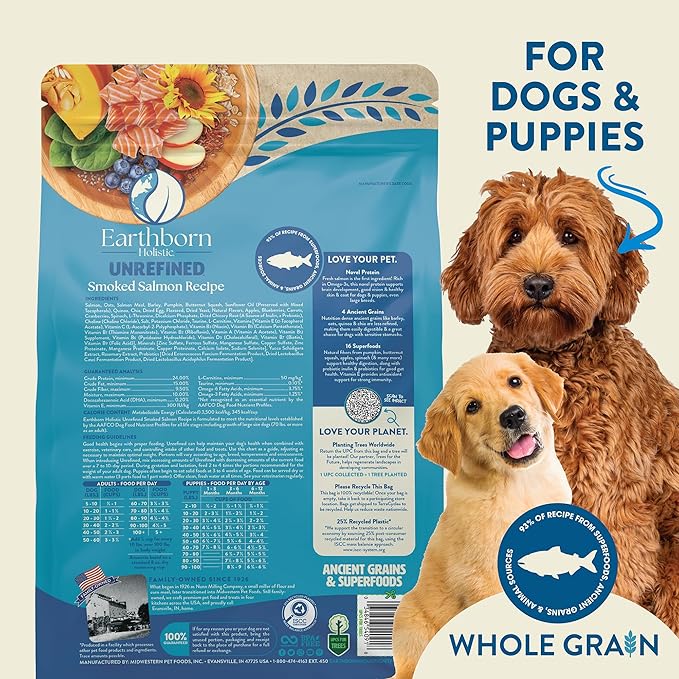 Earthborn Holistic Unrefined Smoked Salmon Ancient Grains & Superfoods All Life Stages Dry Dog Food, Pea-Free Recipe with Quinoa, Pumpkin & Flaxseed, 25 lb Bag
