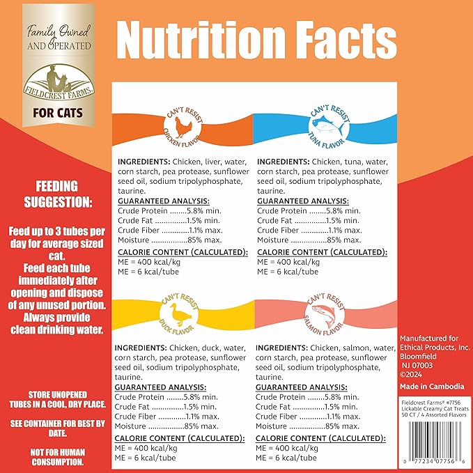 Fieldcrest Farms Lickable Cat Treats, 50 Count Variety Pack — Chicken, Tuna, Duck, Salmon — Thick & Protein-Rich Squeeze Tubes with Taurine, Grain Free, 6 Calories Per Tube