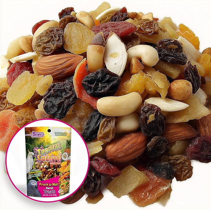 Tropical Carnival Brown’s Gourmet Small Hookbill Food & Fruit & Nut Parrot Treat Bundle – Vitamin-Fortified Daily Diet & Reward Mix for Parrots, Conures & Small Hookbills – 10 lb + 12 oz