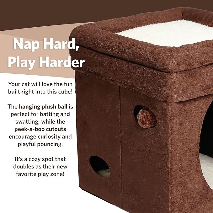 MidWest Homes for Pets Feline Nuvo Curious Cat Cube, Foldable Pet Hideout with Toy, Bolstered Bed Top, Faux Brown Suede, Synthetic Sheepskin