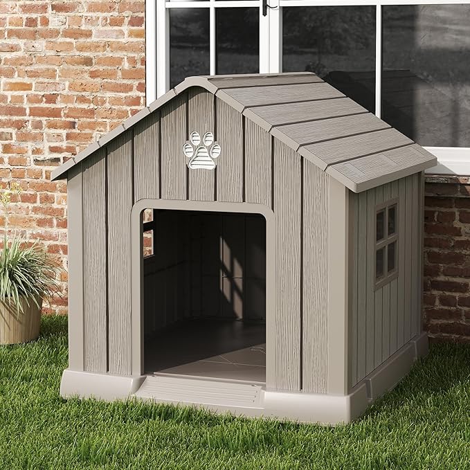 Bifanuo Dog House for Outdoor & Indoor Use with Window, Waterproof Ventilated Kennel with Elevated Floor, Easy to Clean Shelter for Small Medium Dogs (Grey, 29.9" L x 32.3" W x 32.5" H)
